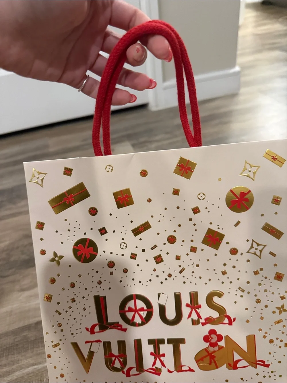 Louis Vuitton White Gift Bag with Gold Foil and Red Handles